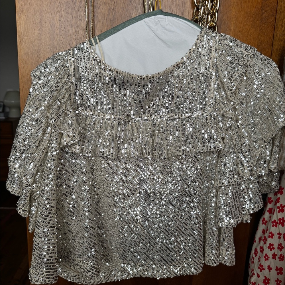 Free People Sequin Embellished Silver Top
